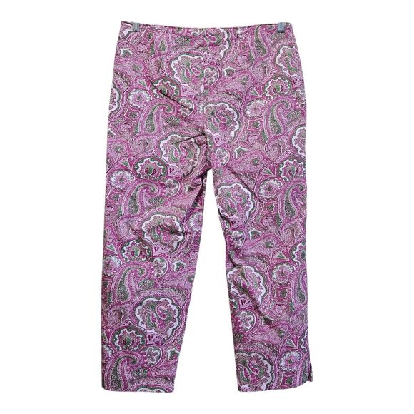 TALBOTS Women 10 Cropped Pants Paisley Pink Green Side Zip Cotton Blend 32 x 23 - Picture 7 of 8